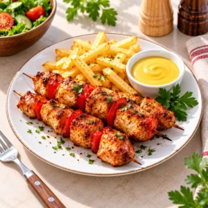 Куриный шашлычок со сладким перцем и картофелем фри, сырный соус