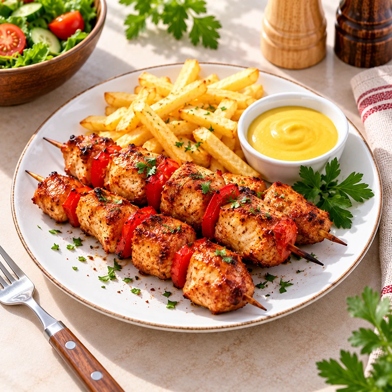 Куриный шашлычок со сладким перцем и картофелем фри, сырный соус 1 Куриный шашлычок со сладким перцем и картофелем фри, сырный соус